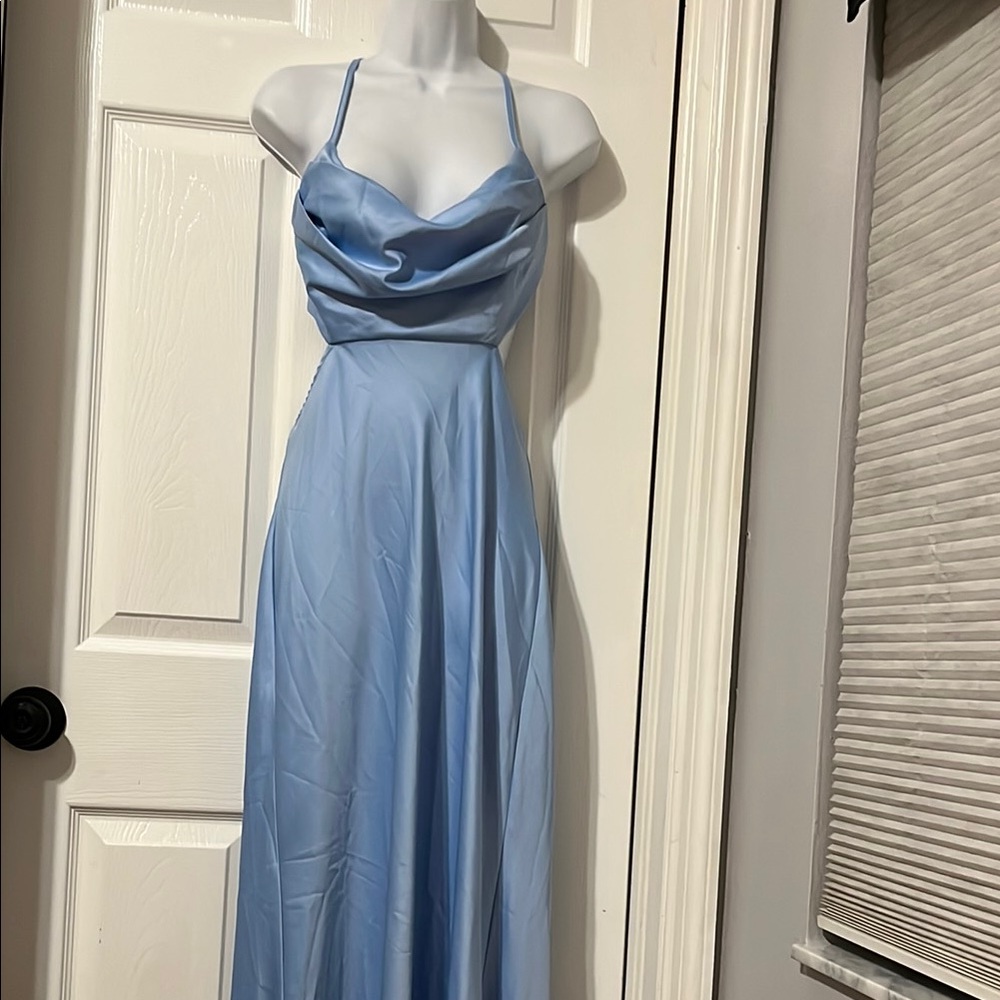 Fashion Nova Sky Blue Halter Criss Cross Back Maxi Dress/Gown - Stunning